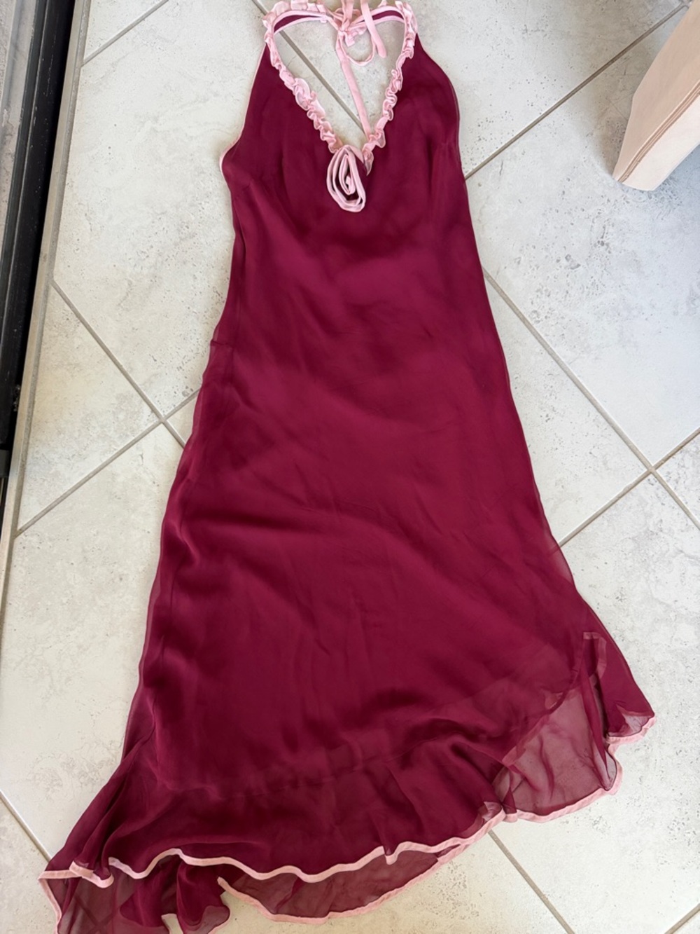 Vintage Betsey Johnson Silk Halter Slip Dress in Wine with Pink Trim